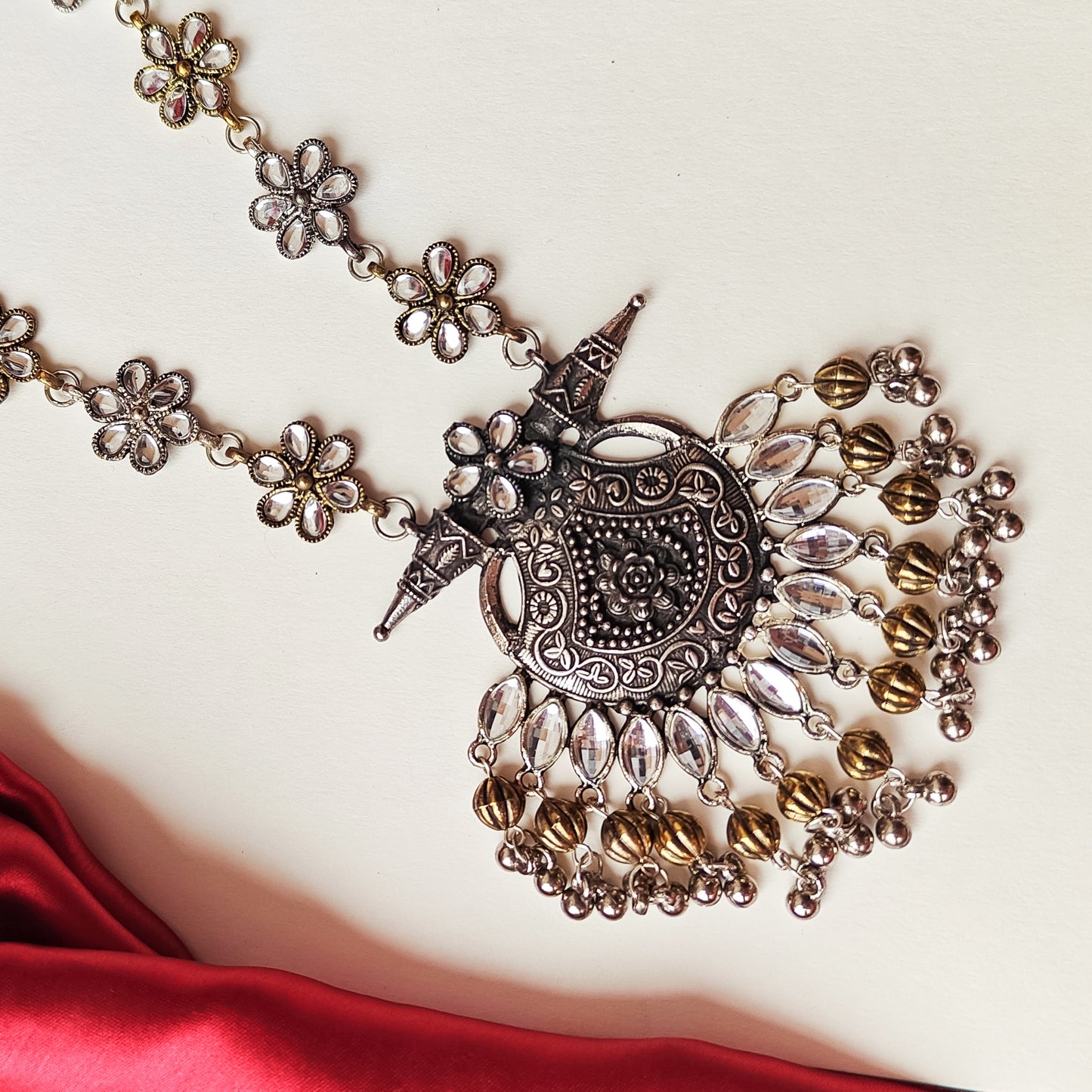 Dual Tone Floral Long Necklace n