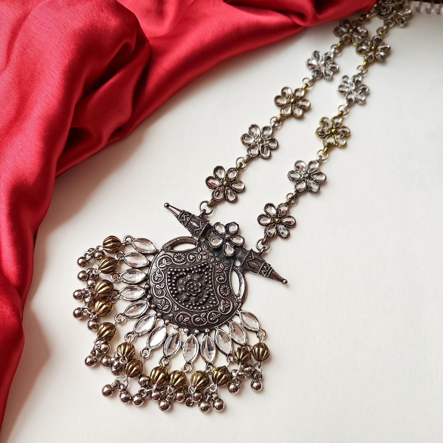 Dual Tone Floral Long Necklace n