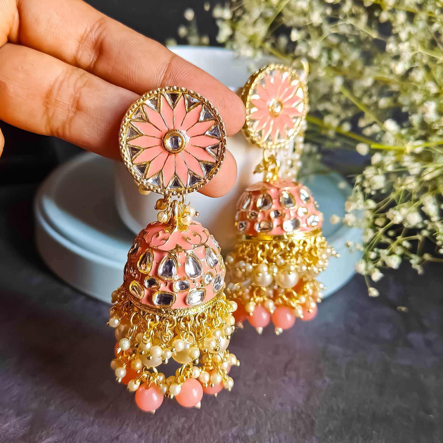 Vilandi Kundan Jhumka Earrings - Peach