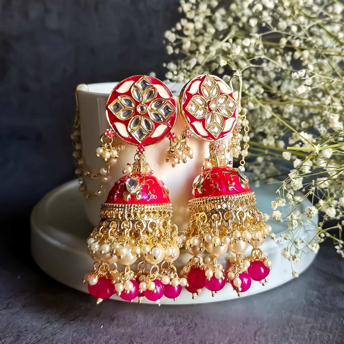 Vilandi Kundan Jhumka Earrings - Hot Pink