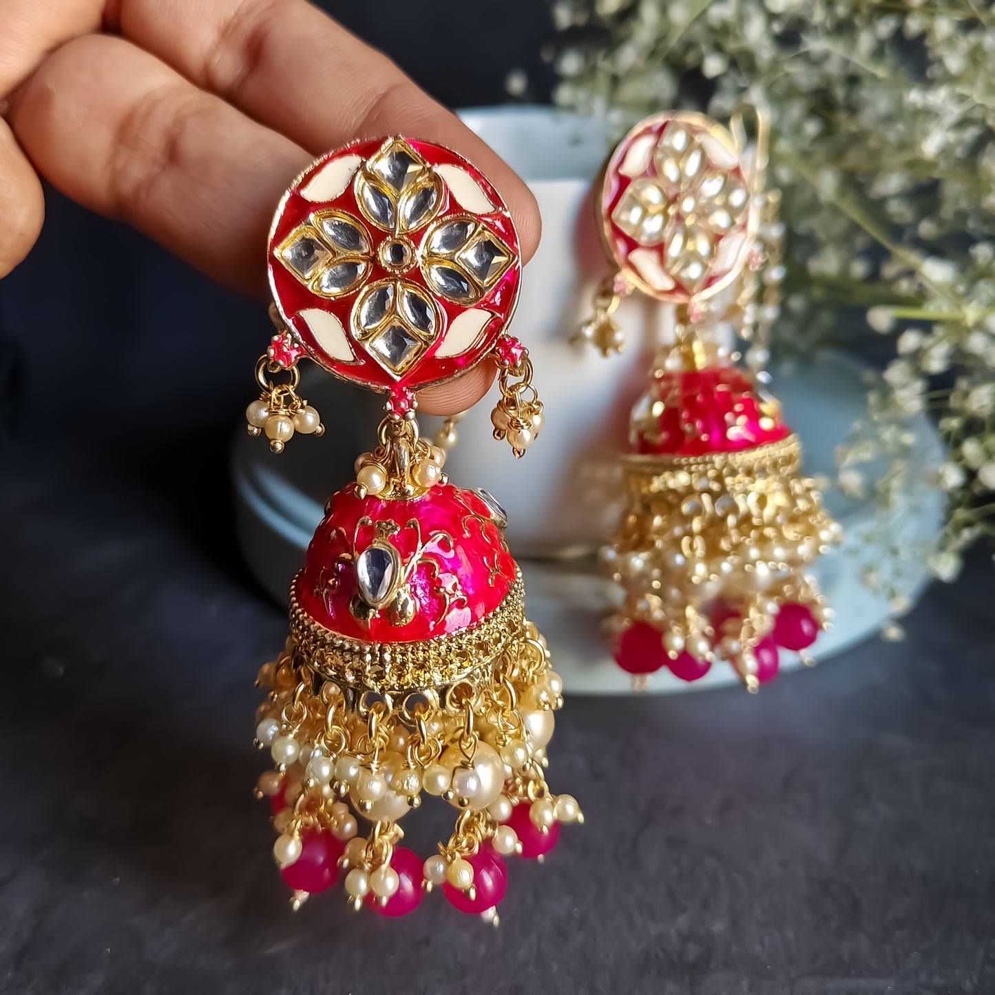 Vilandi Kundan Jhumka Earrings - Hot Pink