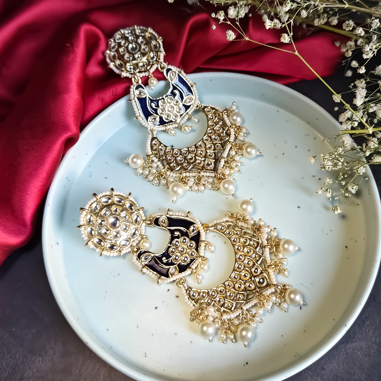 Dabi Kundan Chandbali Earrings-Navy Blue