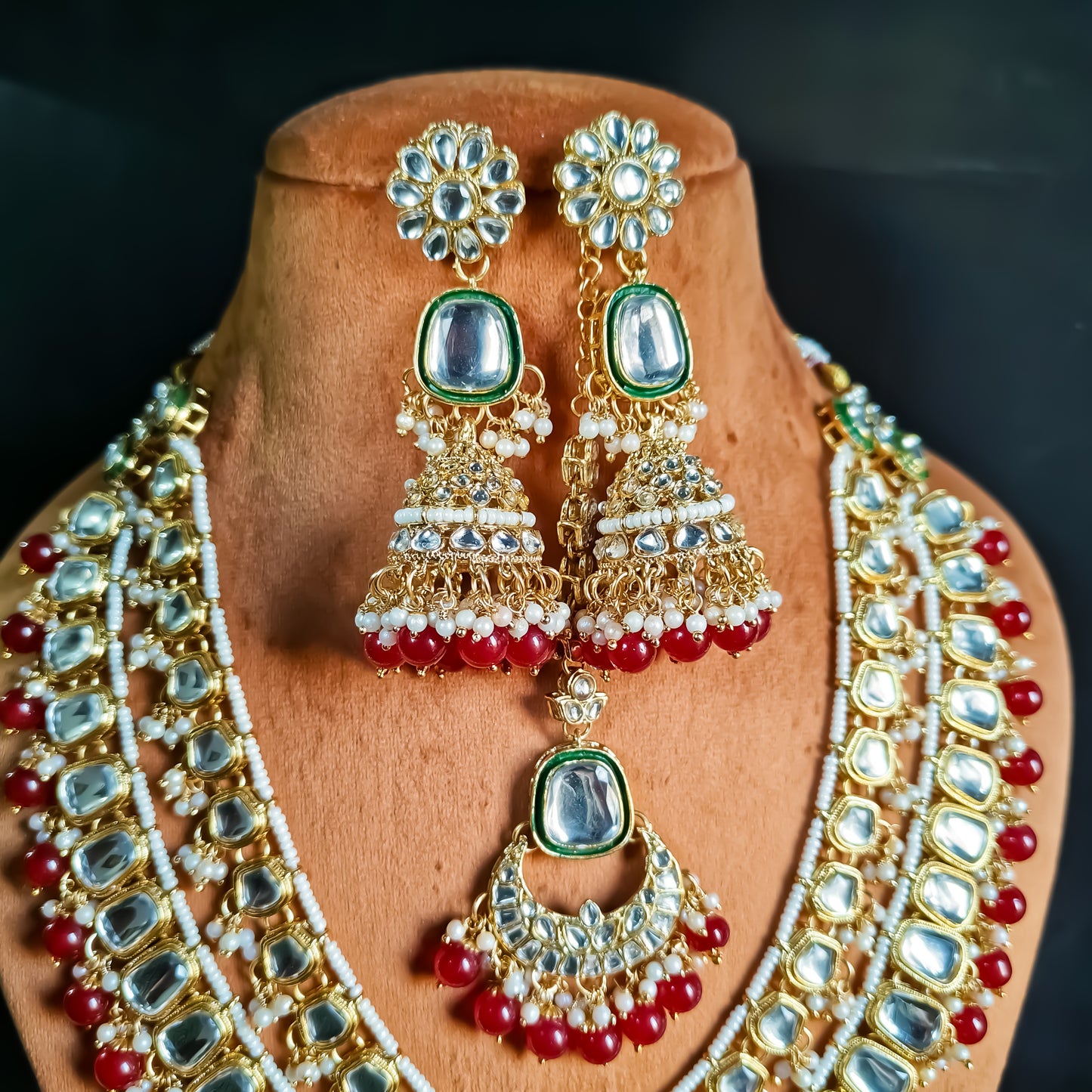 Deep Double layer Kundan Necklace Set Red