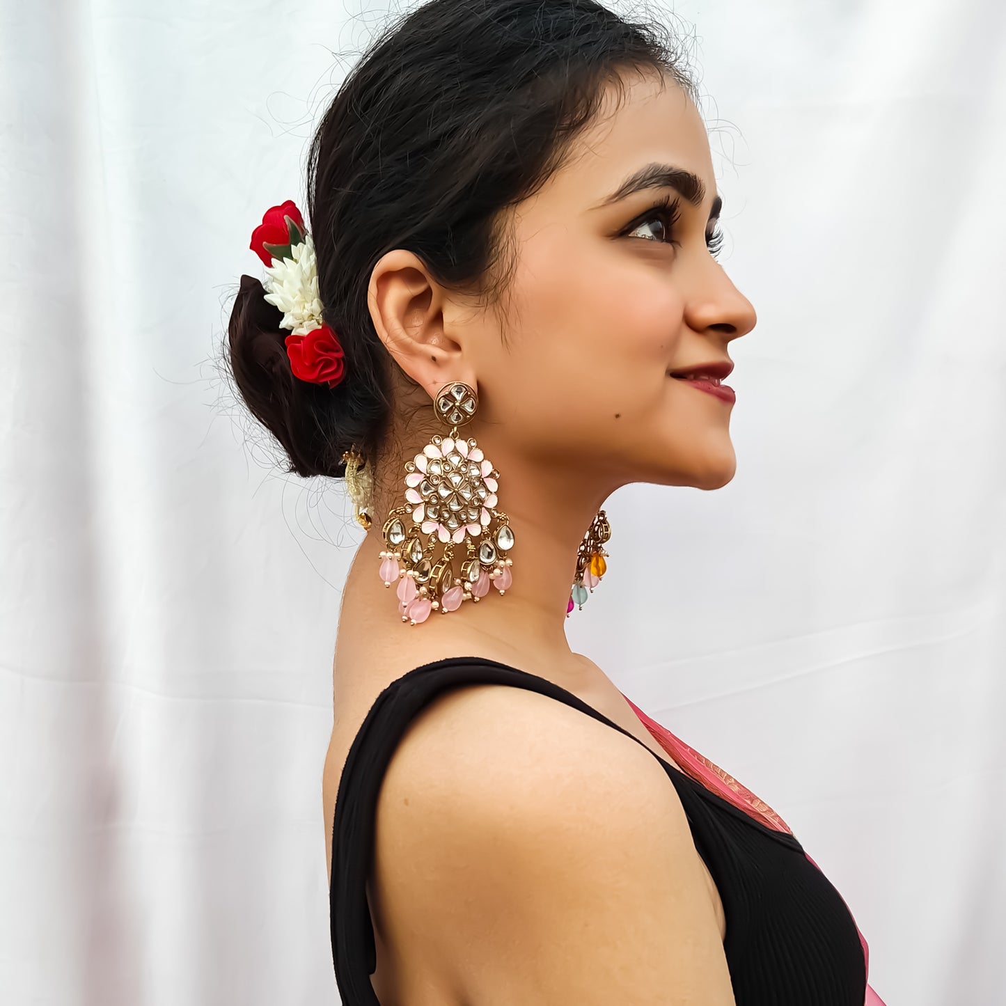 Saanjh Meenakari Chandbali Earrings Baby Pink