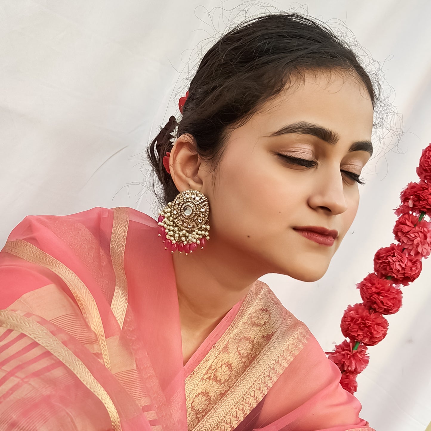 Jiya Dabi Kundan Earrings- Hot Pink