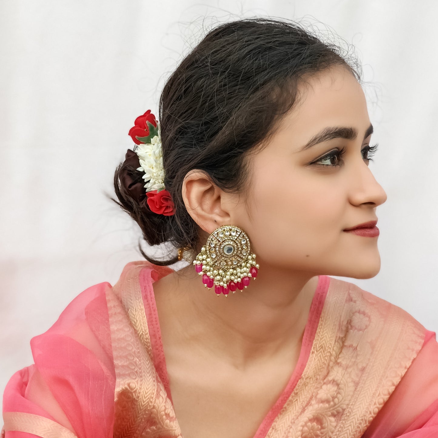 Jiya Dabi Kundan Earrings- Hot Pink