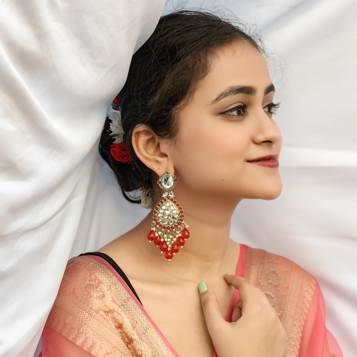 Nimrit Dabi kundan Chandbali Earrings- Red