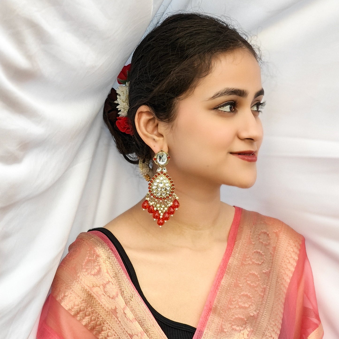 Nimrit Dabi kundan Chandbali Earrings- Red