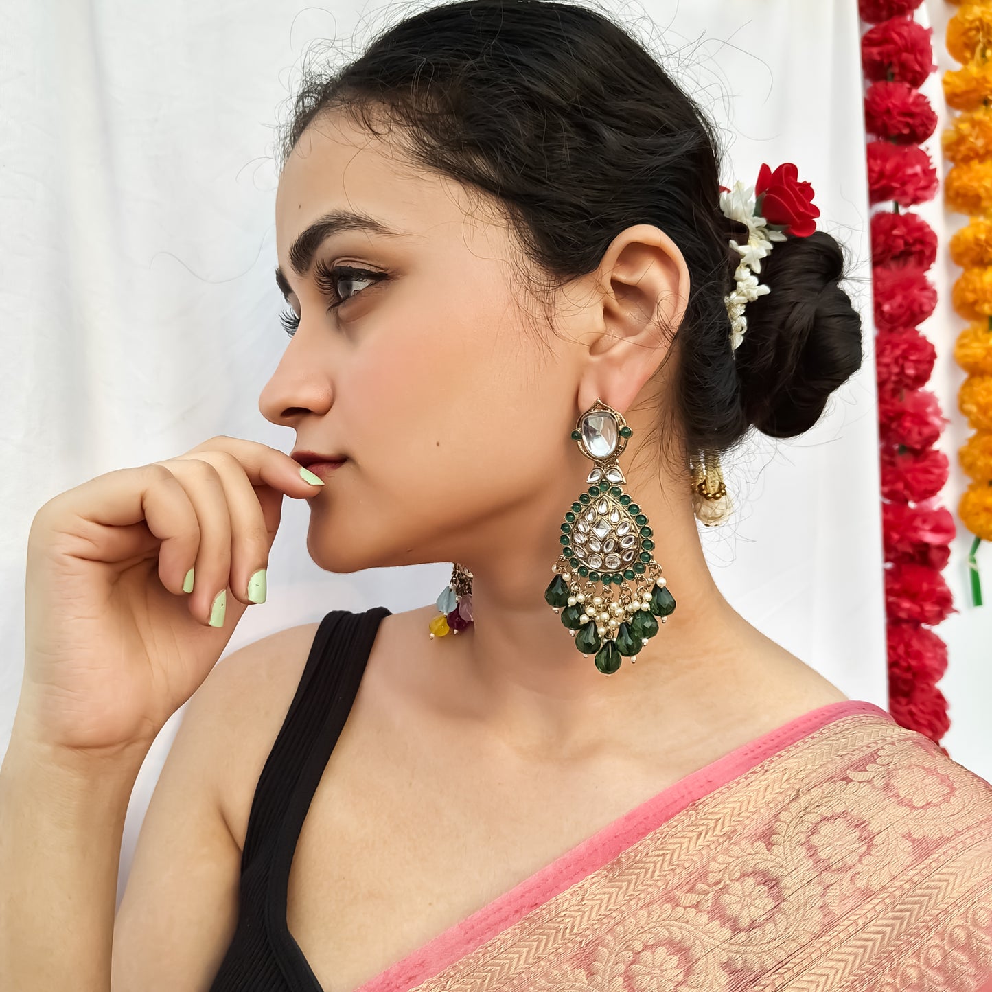 Nimrit Dabi kundan Chandbali Earrings- Green