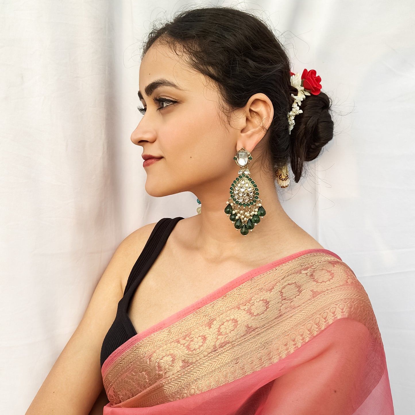 Nimrit Dabi kundan Chandbali Earrings- Green