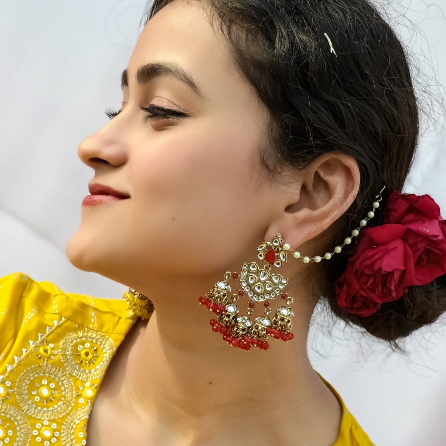 Seher Chandbali Jhumki Earrings with Sahara Red
