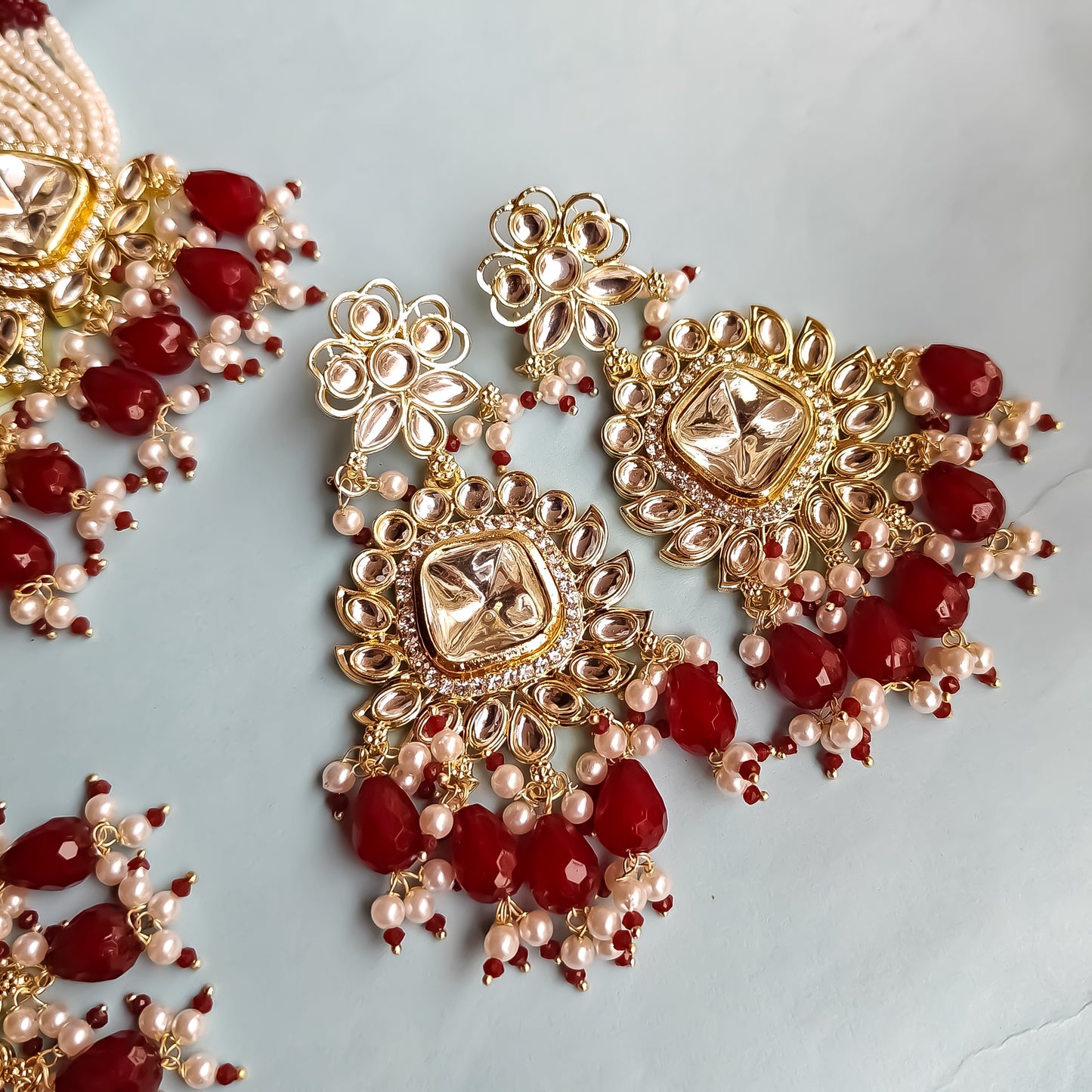 Sumer Polki Ad Necklace Set- Red