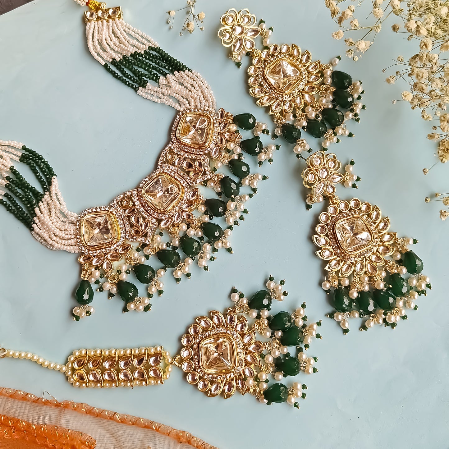 Sumer Polki Ad Necklace Set- Green