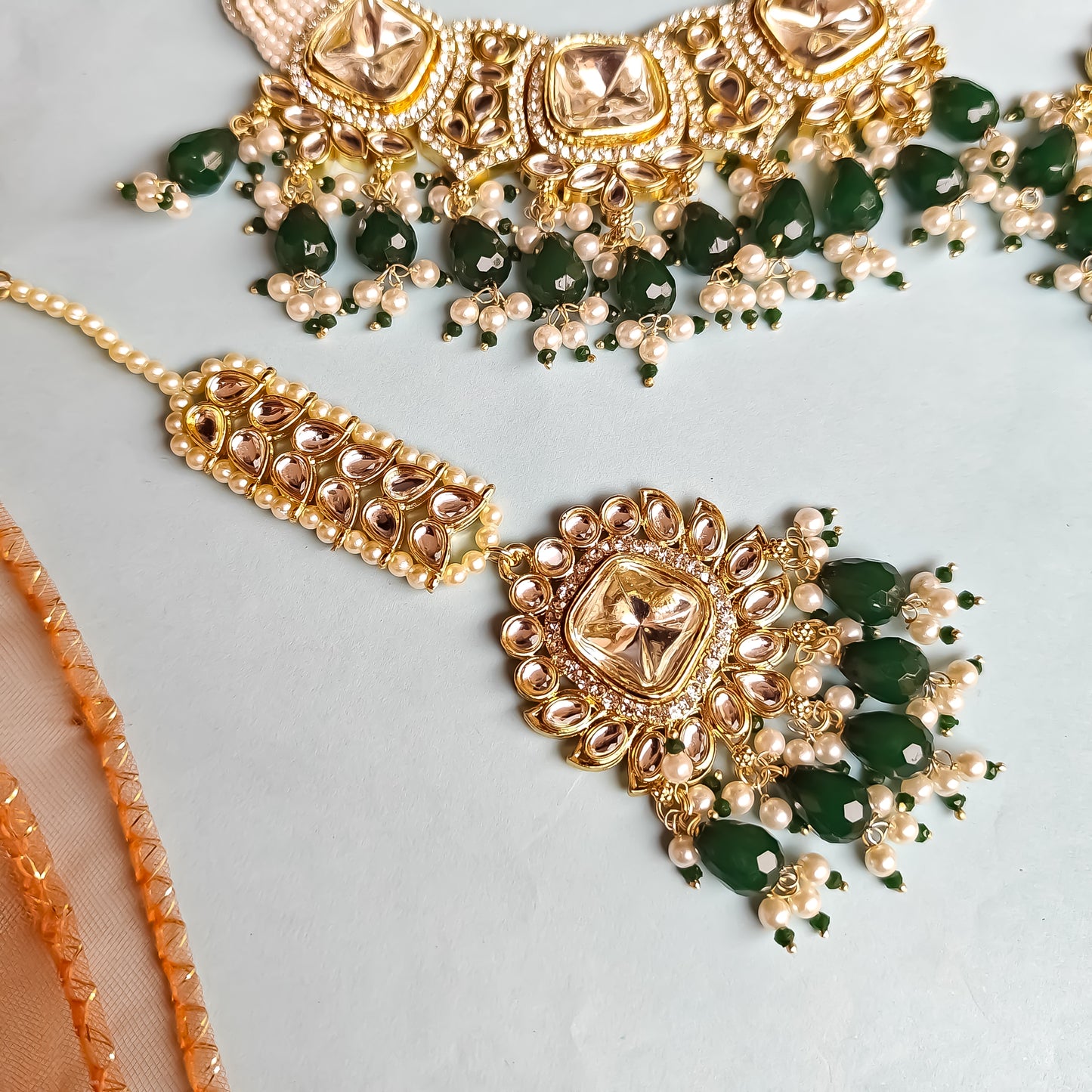 Sumer Polki Ad Necklace Set- Green