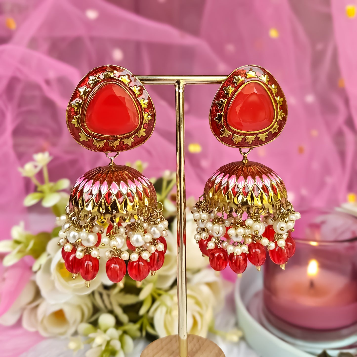 INAYAT MEENAKARI JHUMKA EARRING - RED