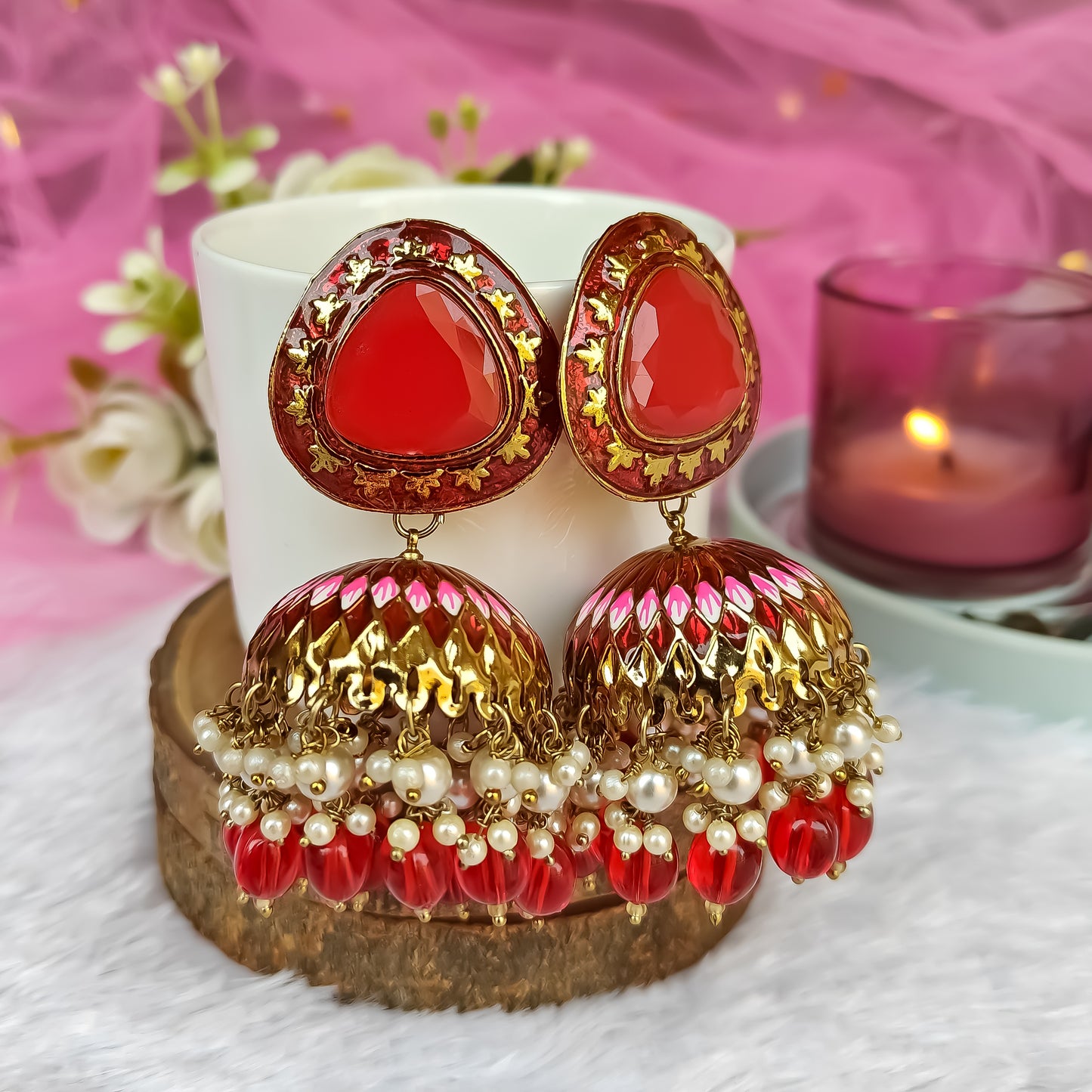INAYAT MEENAKARI JHUMKA EARRING - RED