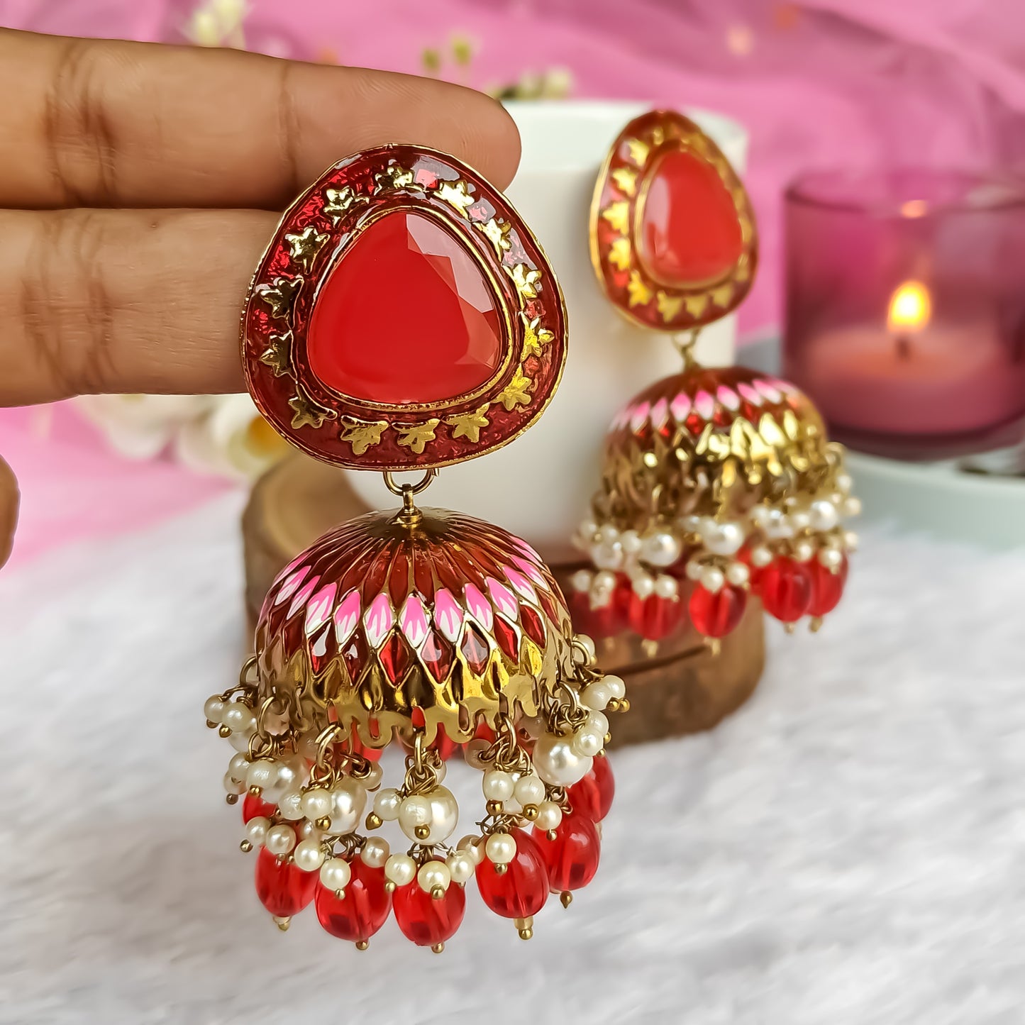 Inayat Meenakari Jhumka Earrings - Red