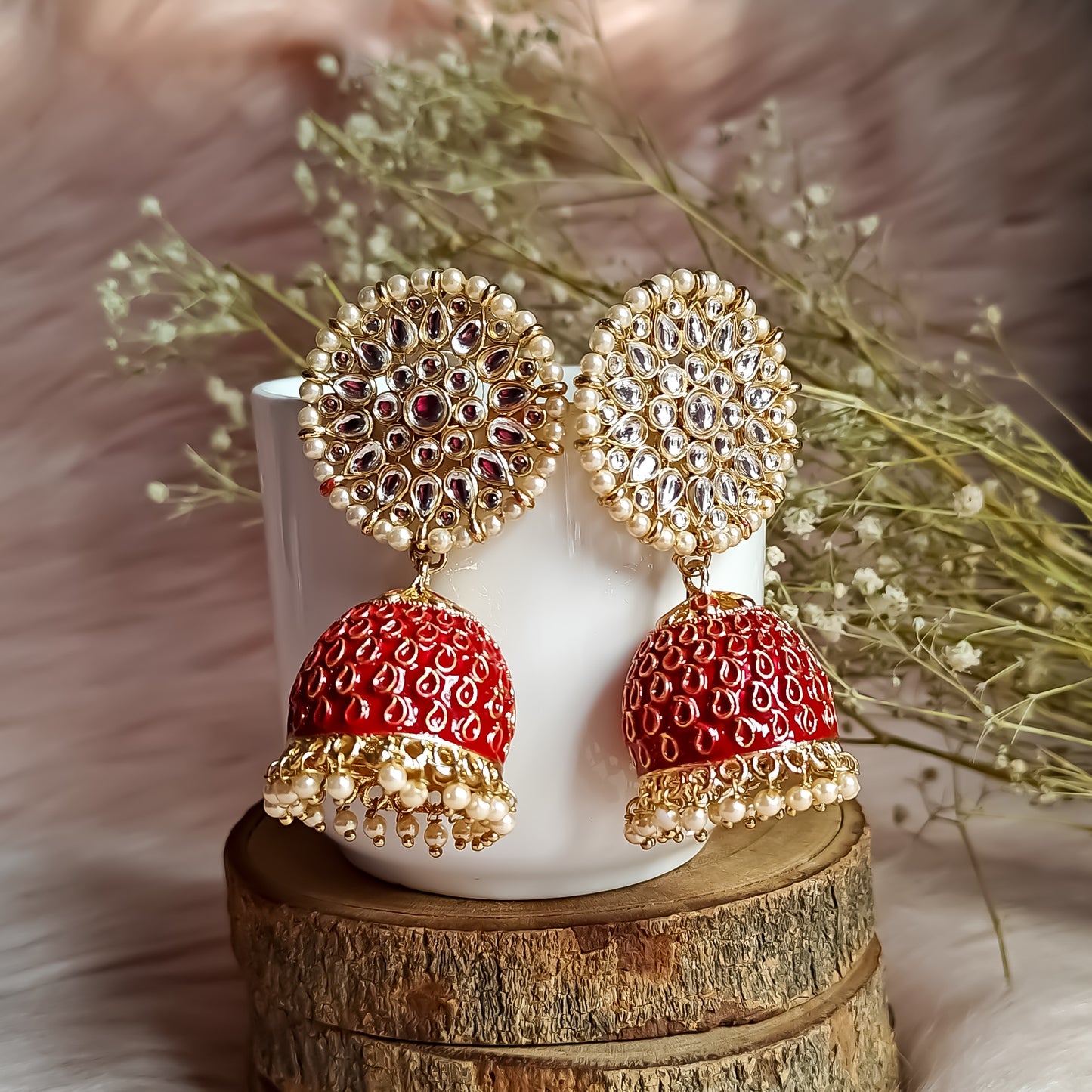 Kundan Meenakari Jhumka Earrings - Maroon