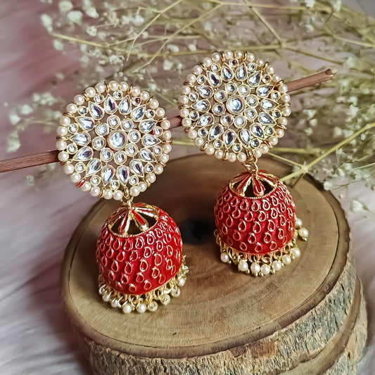 Kundan Meenakari Jhumka Earrings - Maroon