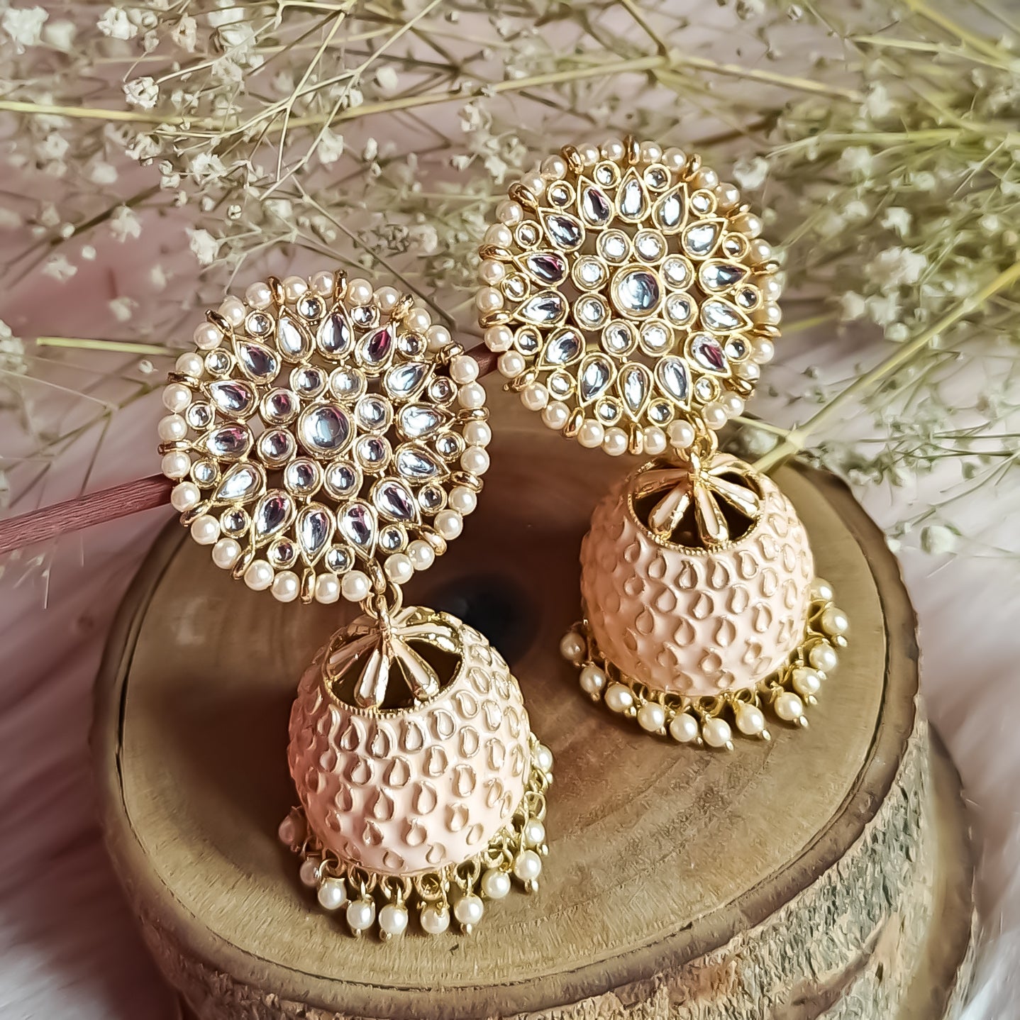 Kundan Meenakari Jhumka Earrings - Peach