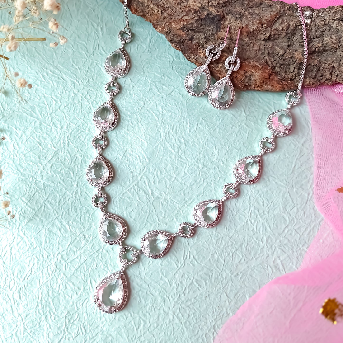 Kristine Premium American Diamond Necklace Set- Crystal White