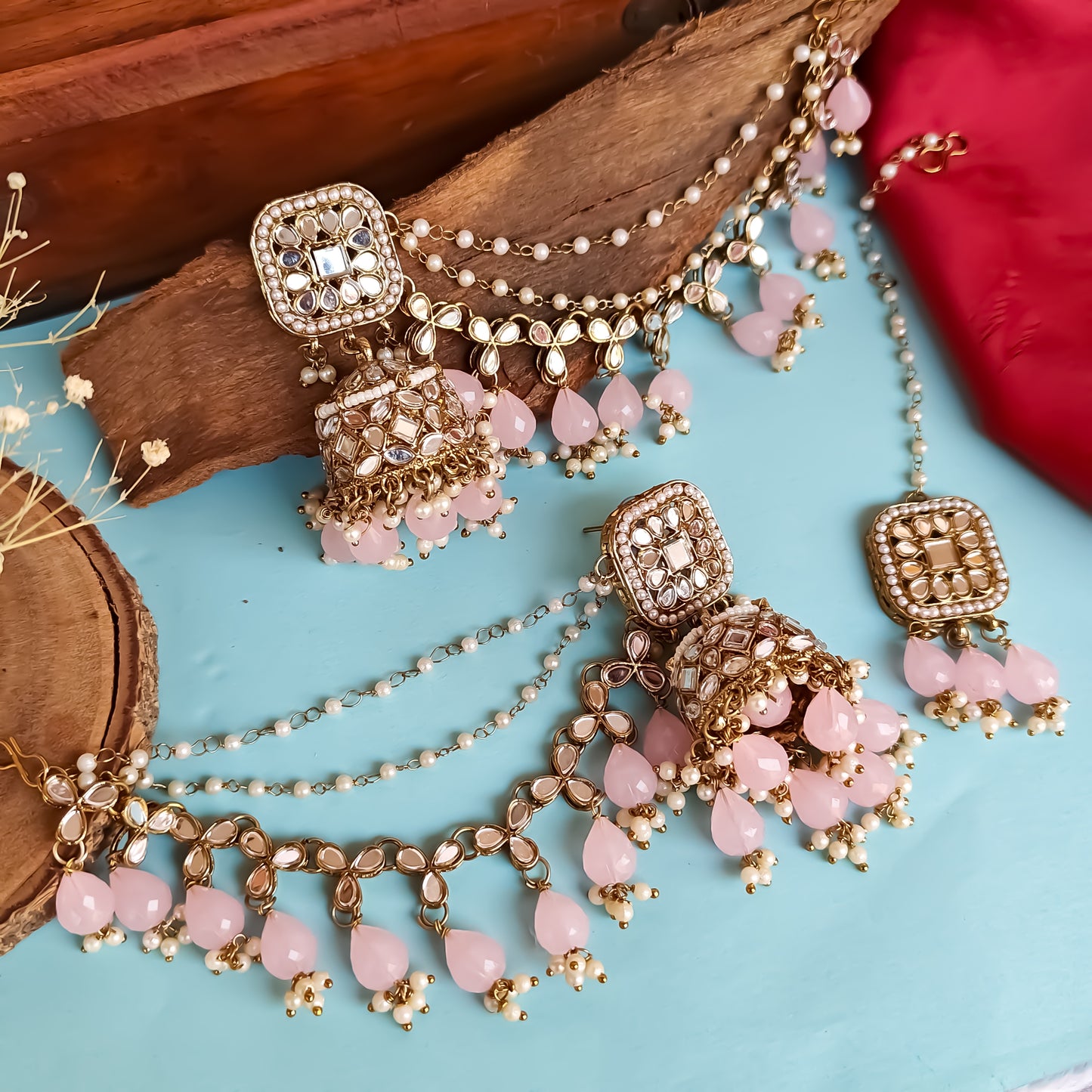 Mohika Mirror Jhumka Earrings with Sahara & Tika Set - Baby Pink