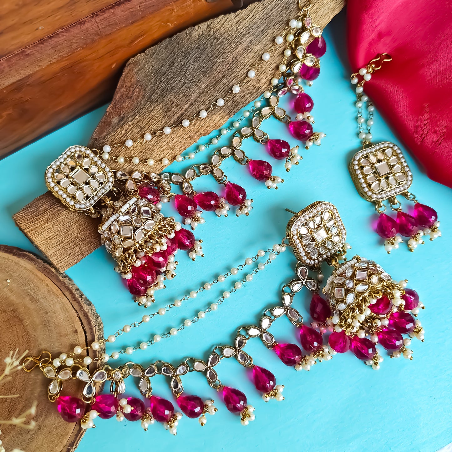 Mohika Mirror Jhumka Earrings with Sahara & Tika Set - Magenta Pink