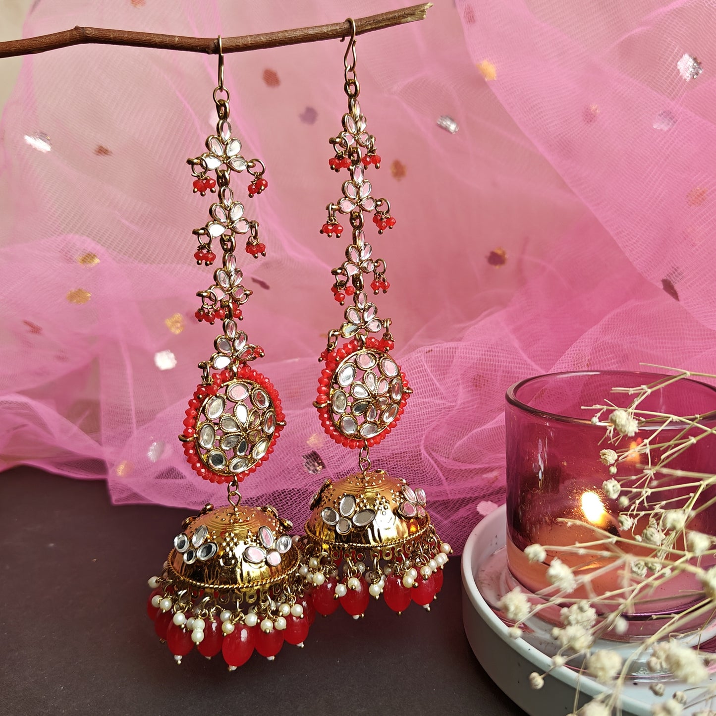 Nazakat Mirror Jhumka Earrings with Sahara- Red