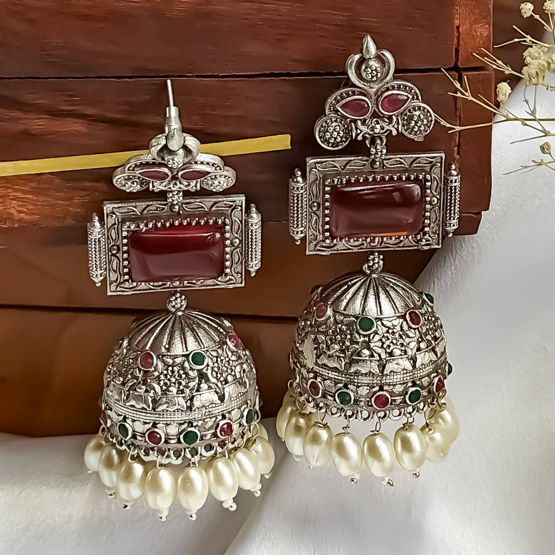 Shifat Silver Plated Brass Jhumka Earrings (Monalisa Stones)- Green & Red