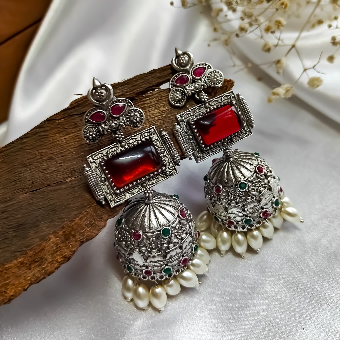 Shifat Silver Plated Brass Jhumka Earrings (Monalisa Stones)- Green & Red