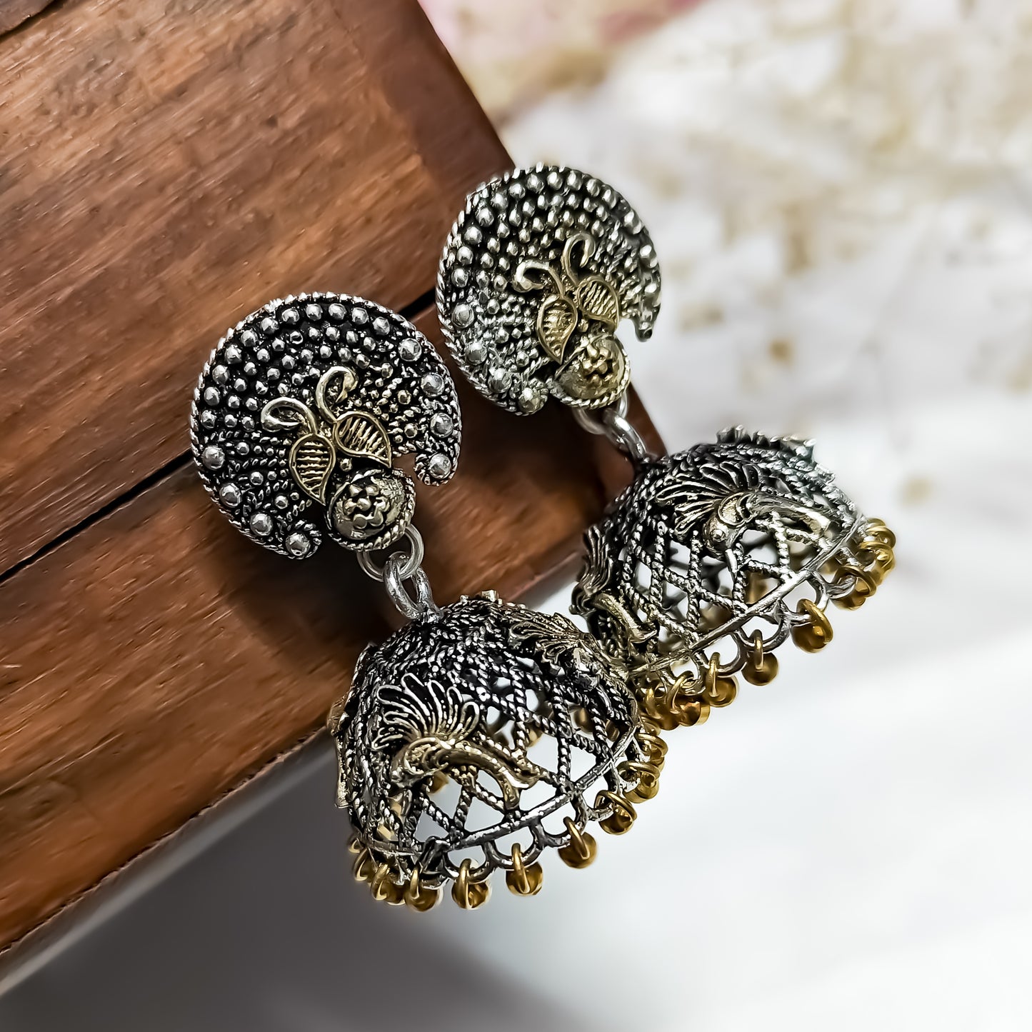 Peacock Dual Tone Silver Jhumka Earrings