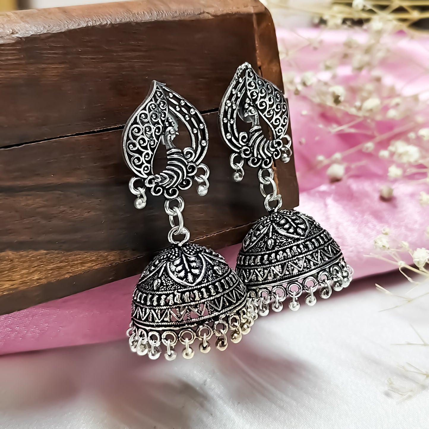 Intricate Peacock Motif work Jhumka Earrings