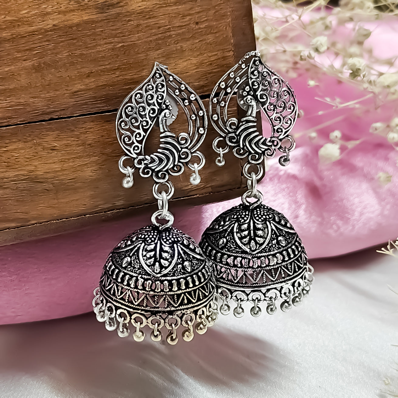Intricate Peacock Motif work Jhumka Earrings