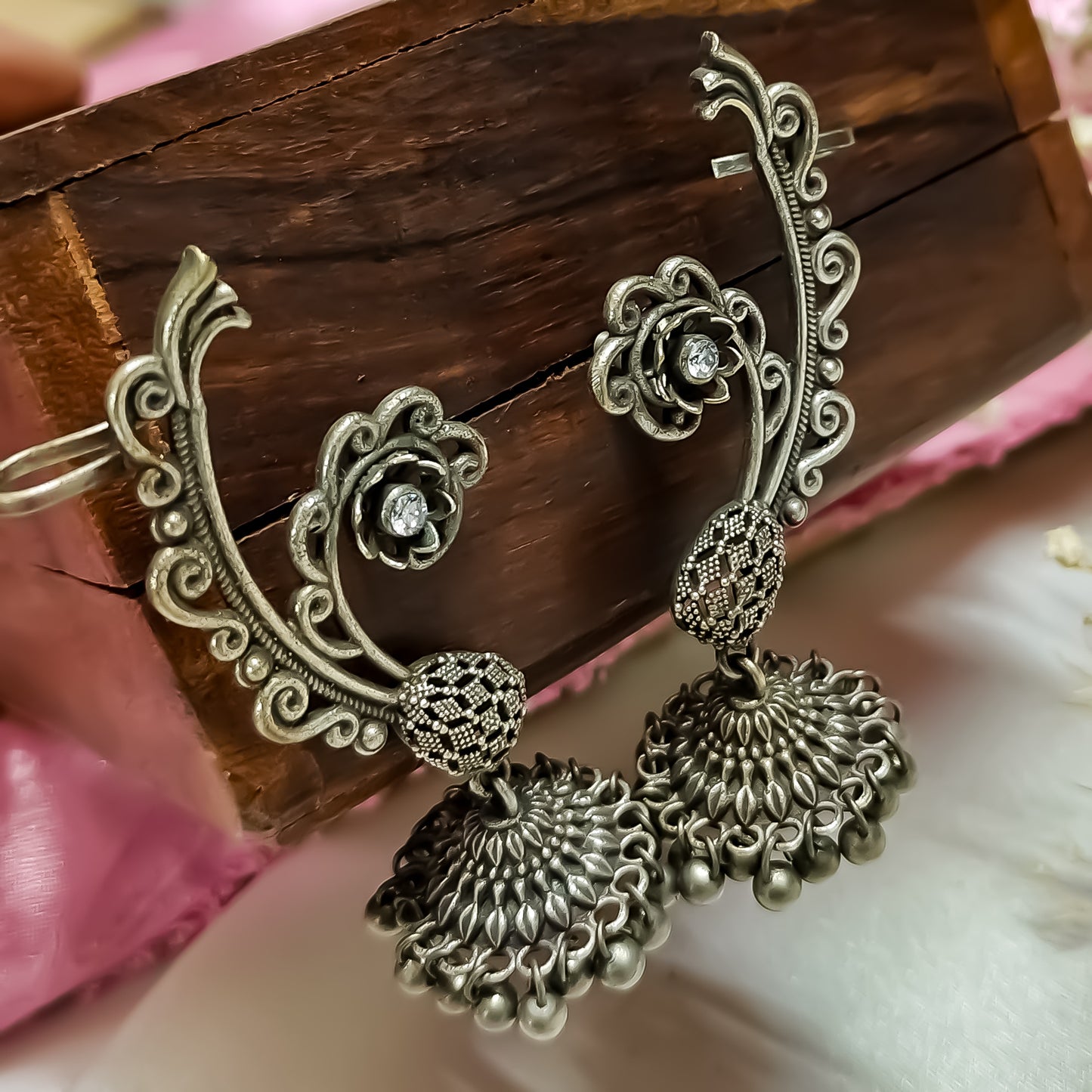 Carved Brass SLA Earcuff Jhumka Earrings