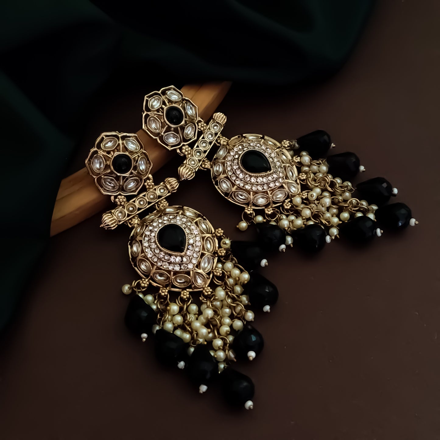 Mihika Kundan Chandbali Earrings - Black