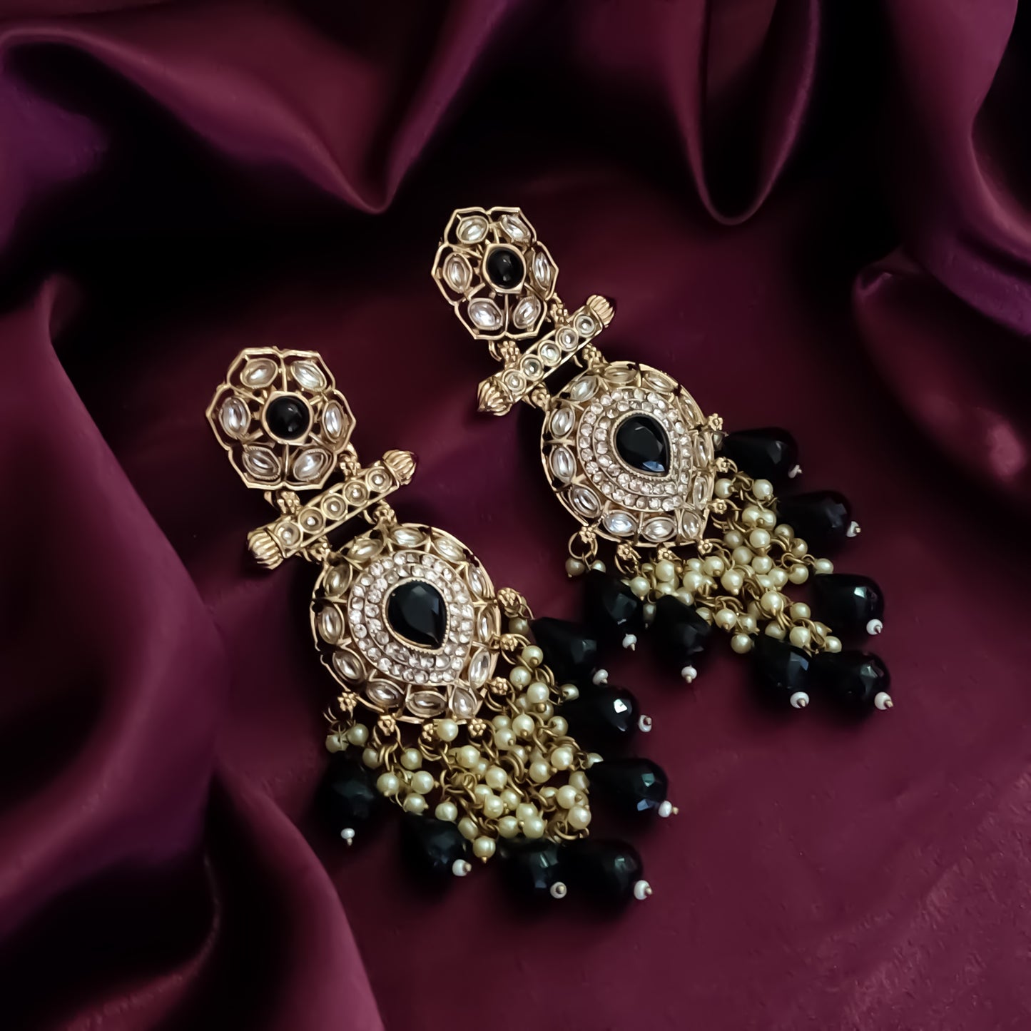 Mihika Kundan Chandbali Earrings - Black