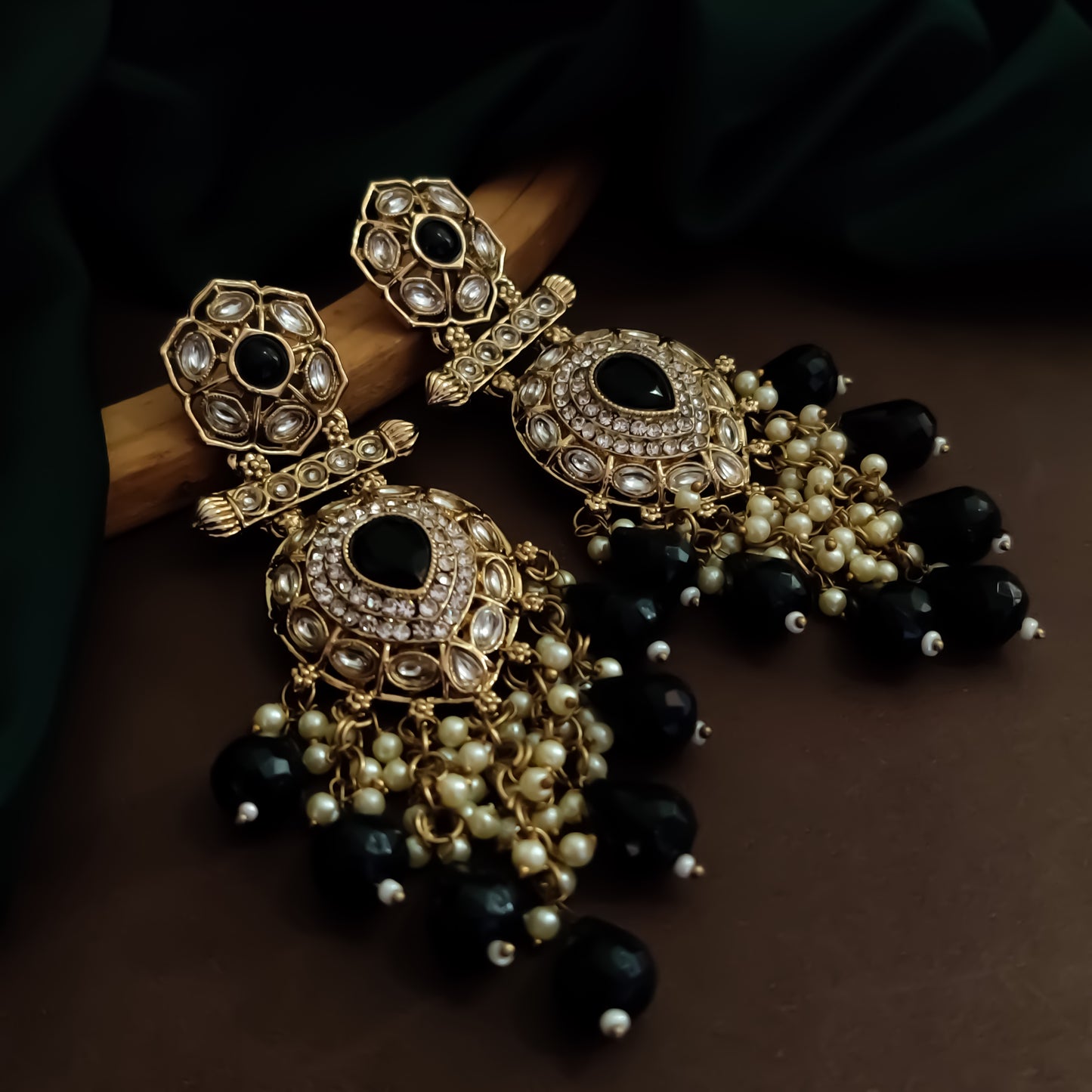 Mihika Kundan Chandbali Earrings - Black