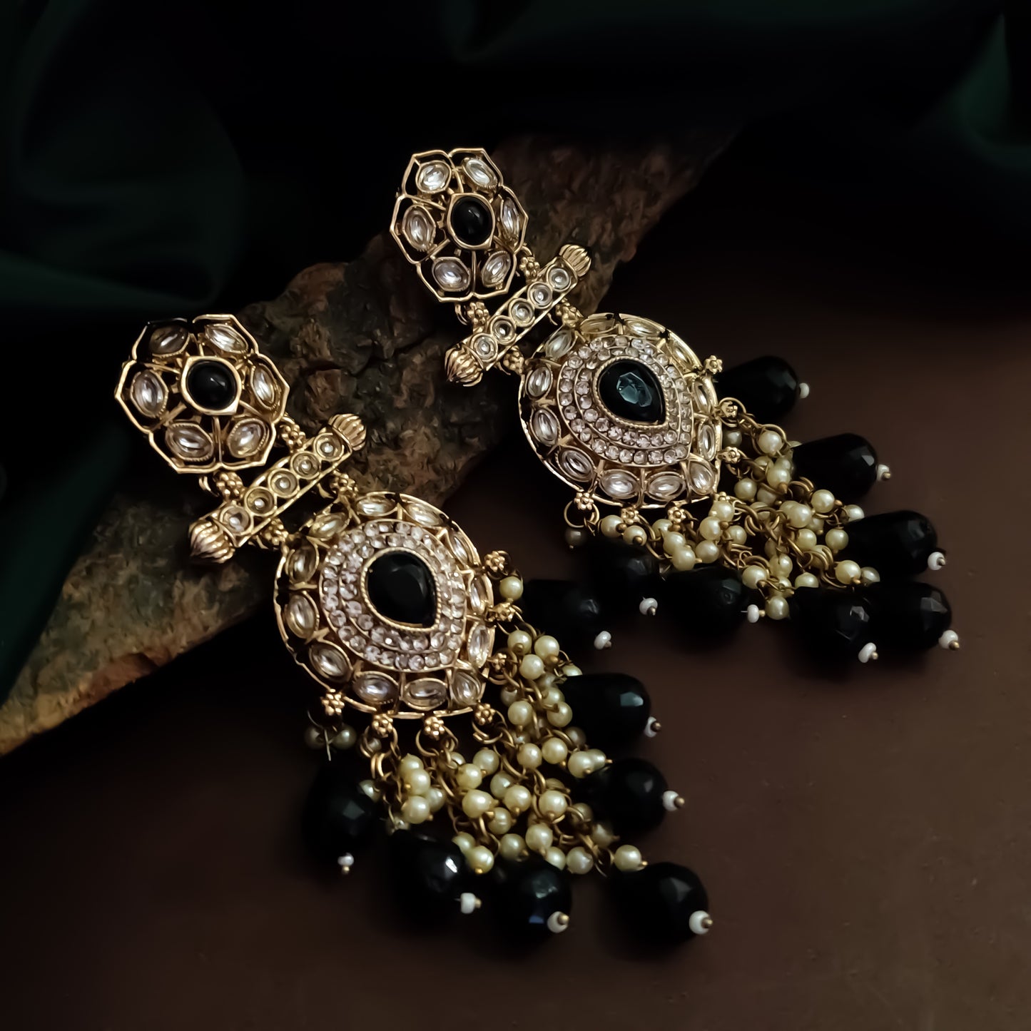 Mihika Kundan Chandbali Earrings - Black