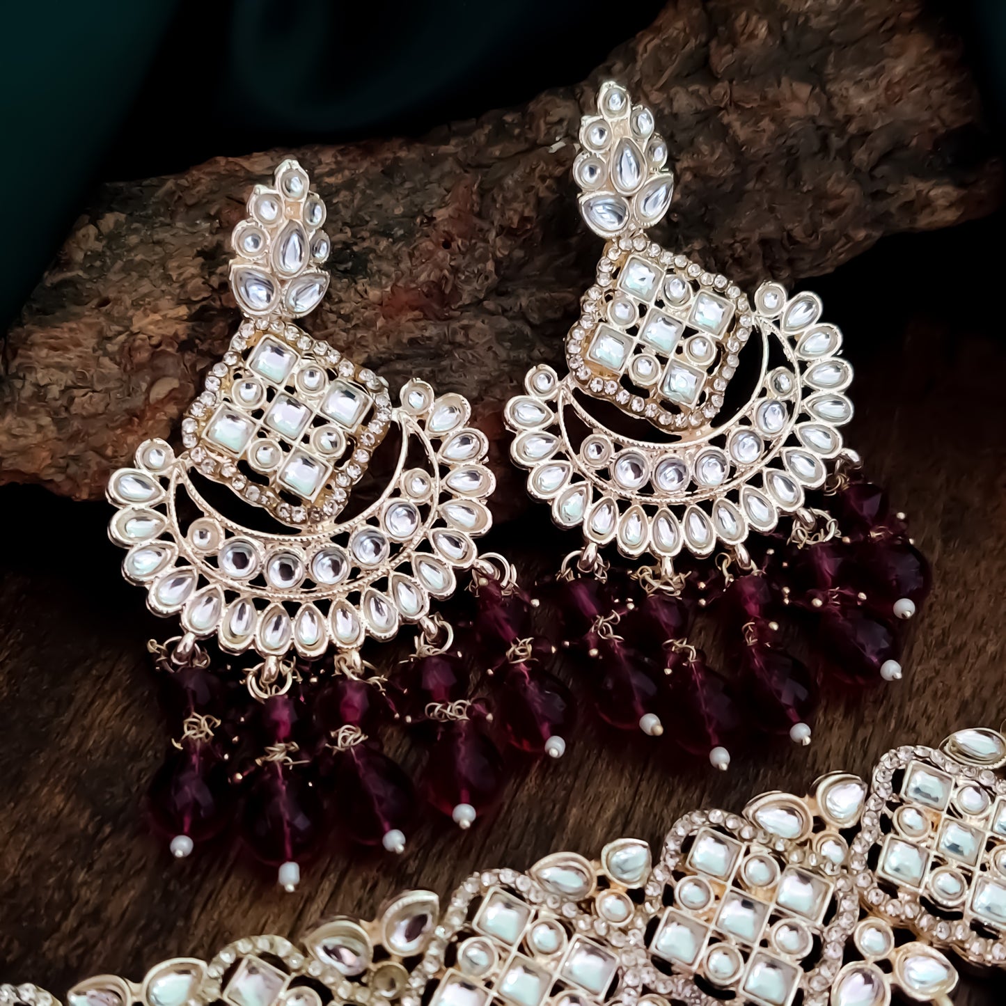 Raisha Kundan Necklace Set - Wine