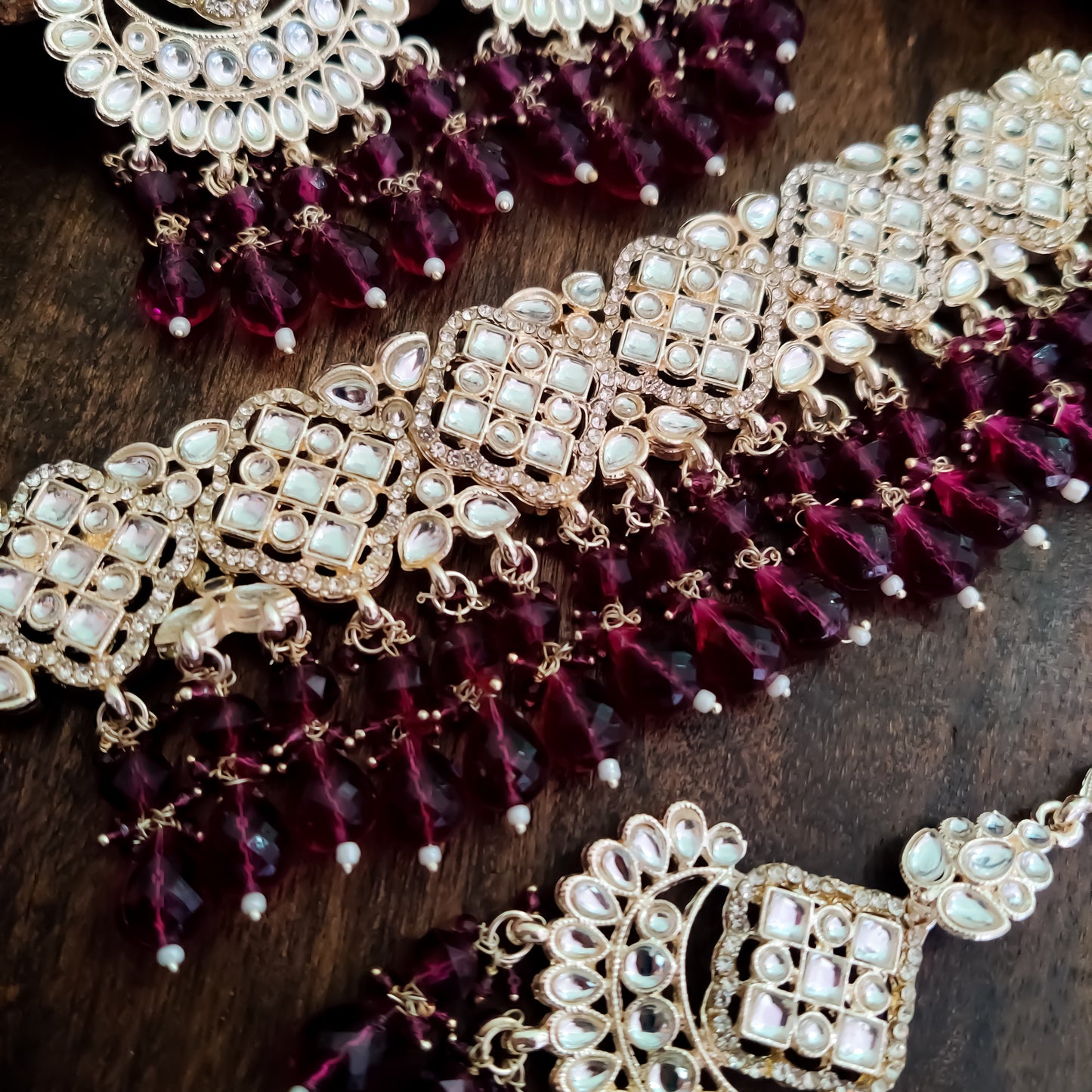 Raisha Kundan Necklace Set - Wine