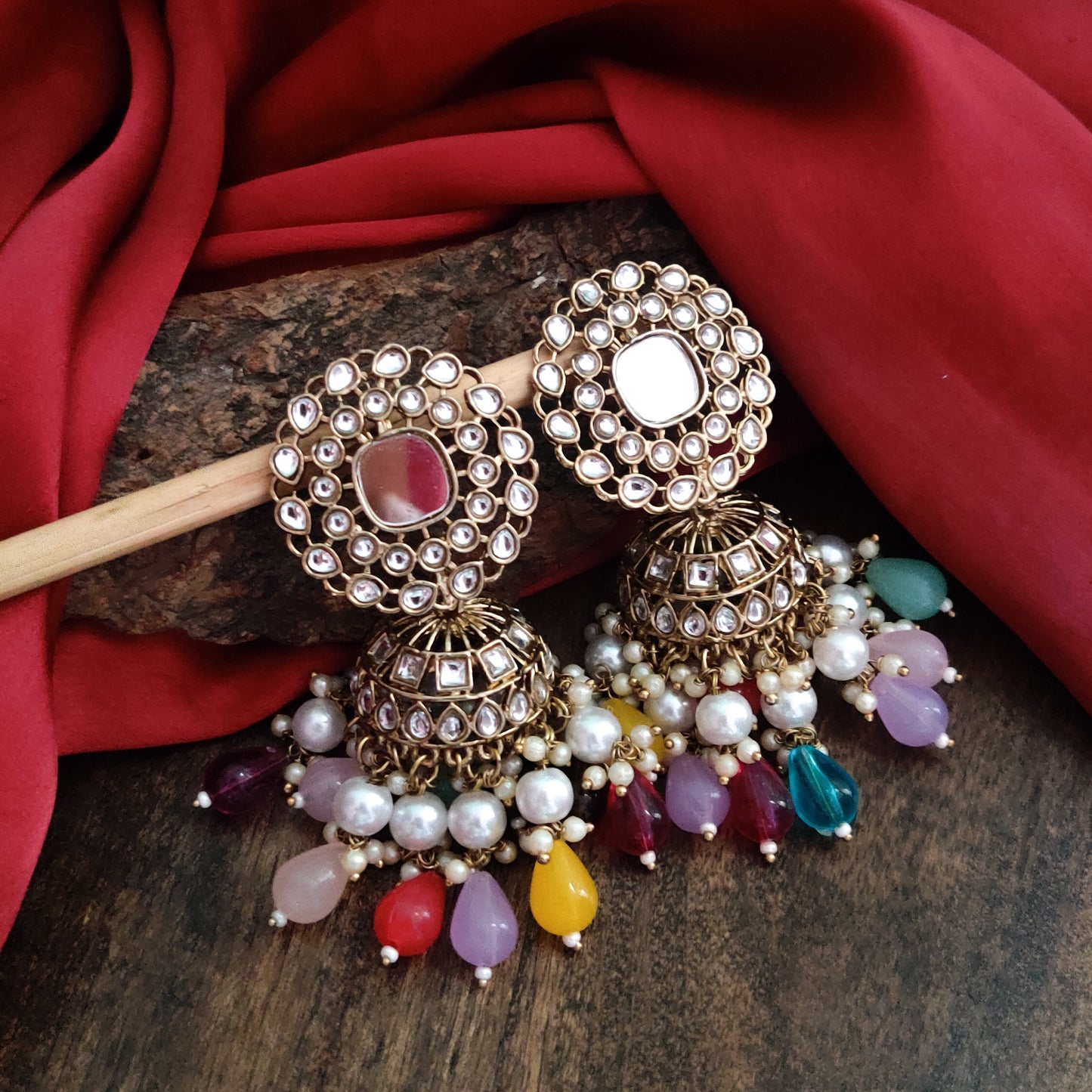 Seesh Statement Kundan Jhumka Earrings - Multi