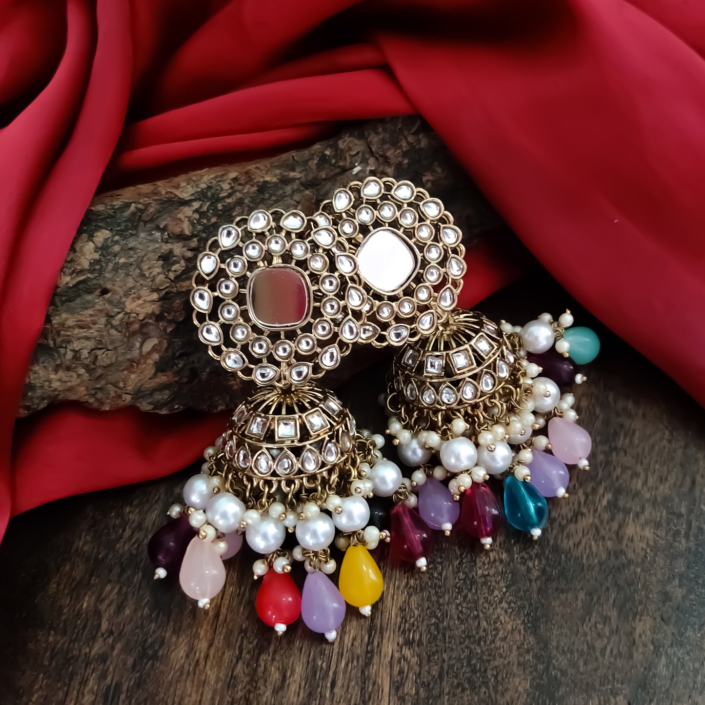 Seesh Statement Kundan Jhumka Earrings - Multi