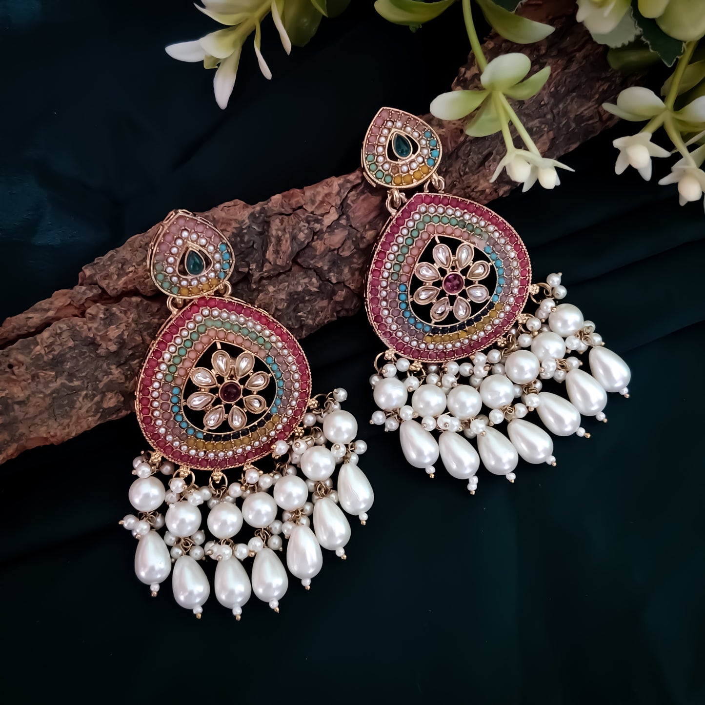 Zeenat Jadau Chandbali Earrings- Multi