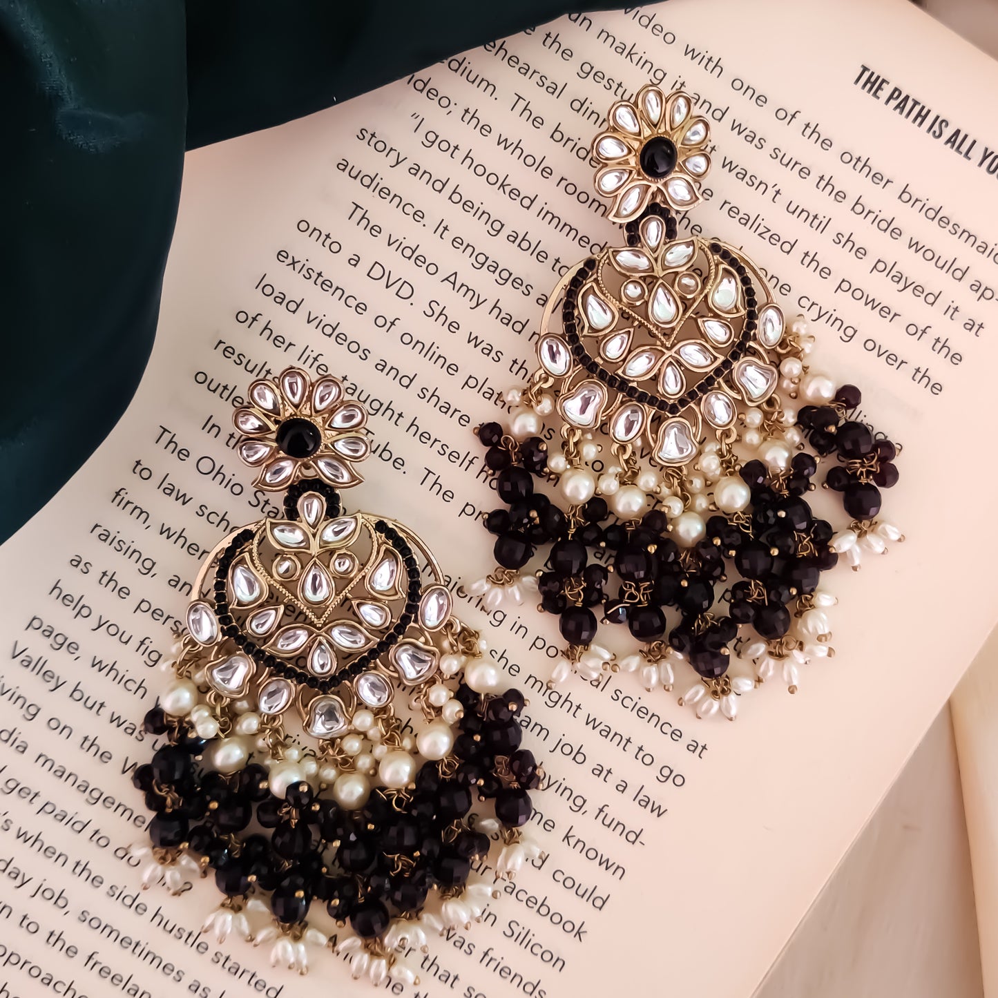 Aayat Kundan Pearl Chandbali Earrings - Black