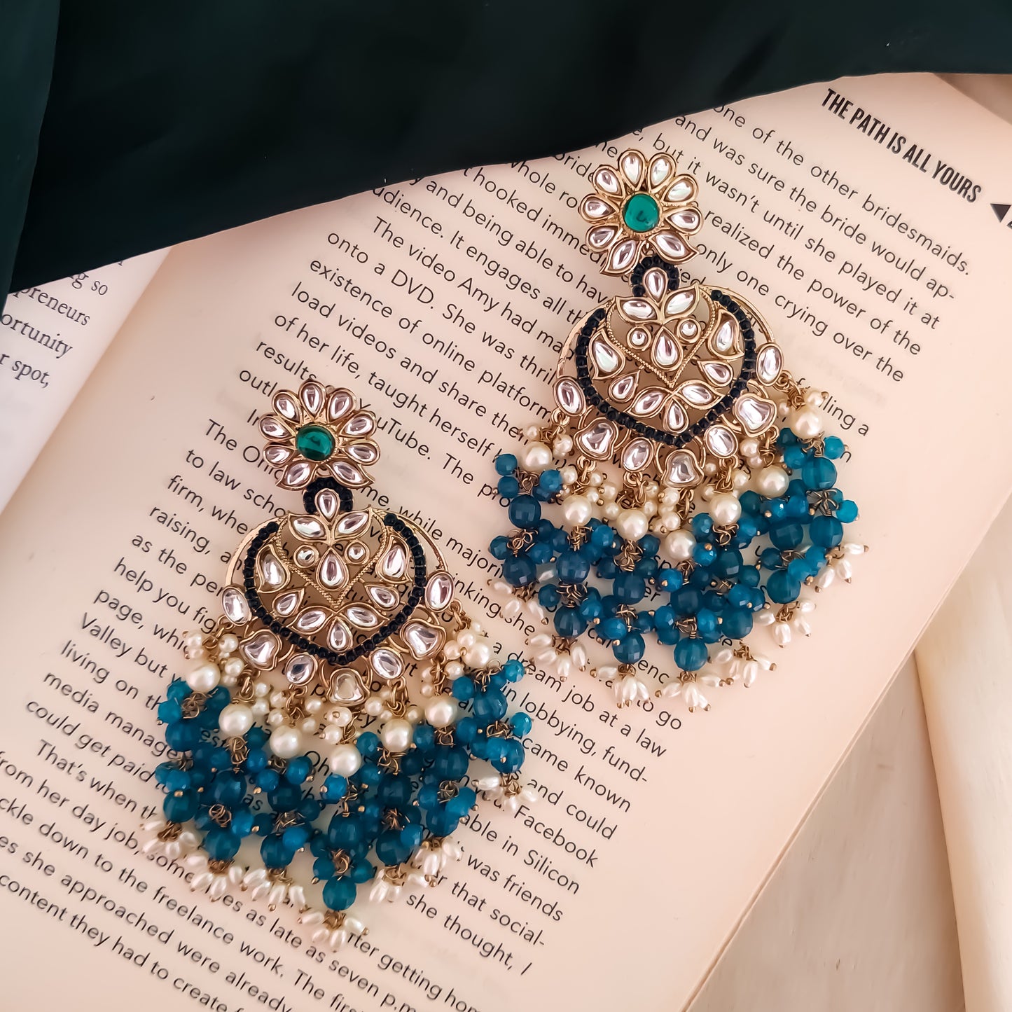 Aayat Kundan Pearl Chandbali Earrings - Firozi