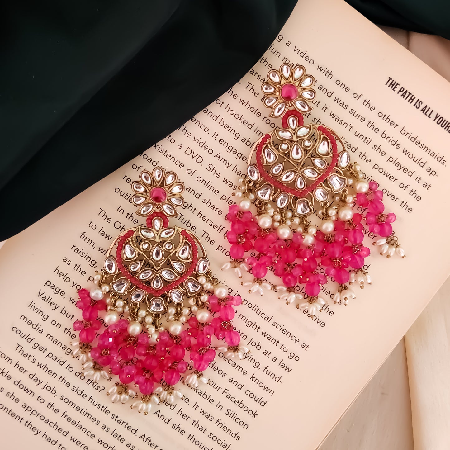 Aayat Kundan Pearl Chandbali - Hot Pink
