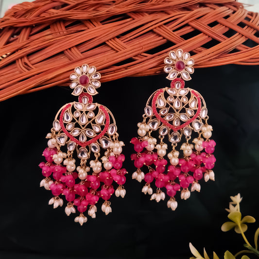 Aayat Kundan Pearl Chandbali - Hot Pink