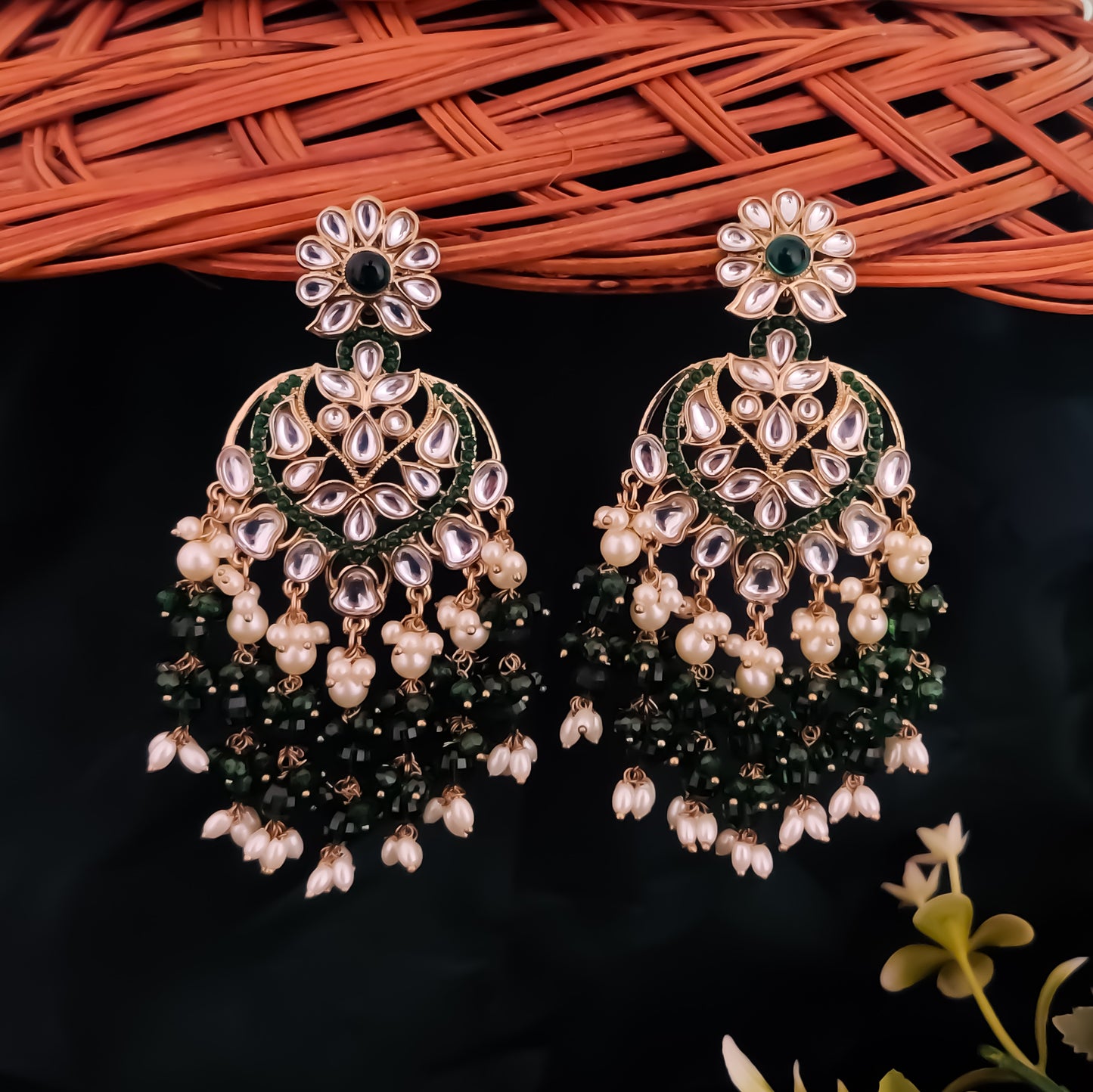 Aayat Kundan Pearl Chandbali Earrings - Green