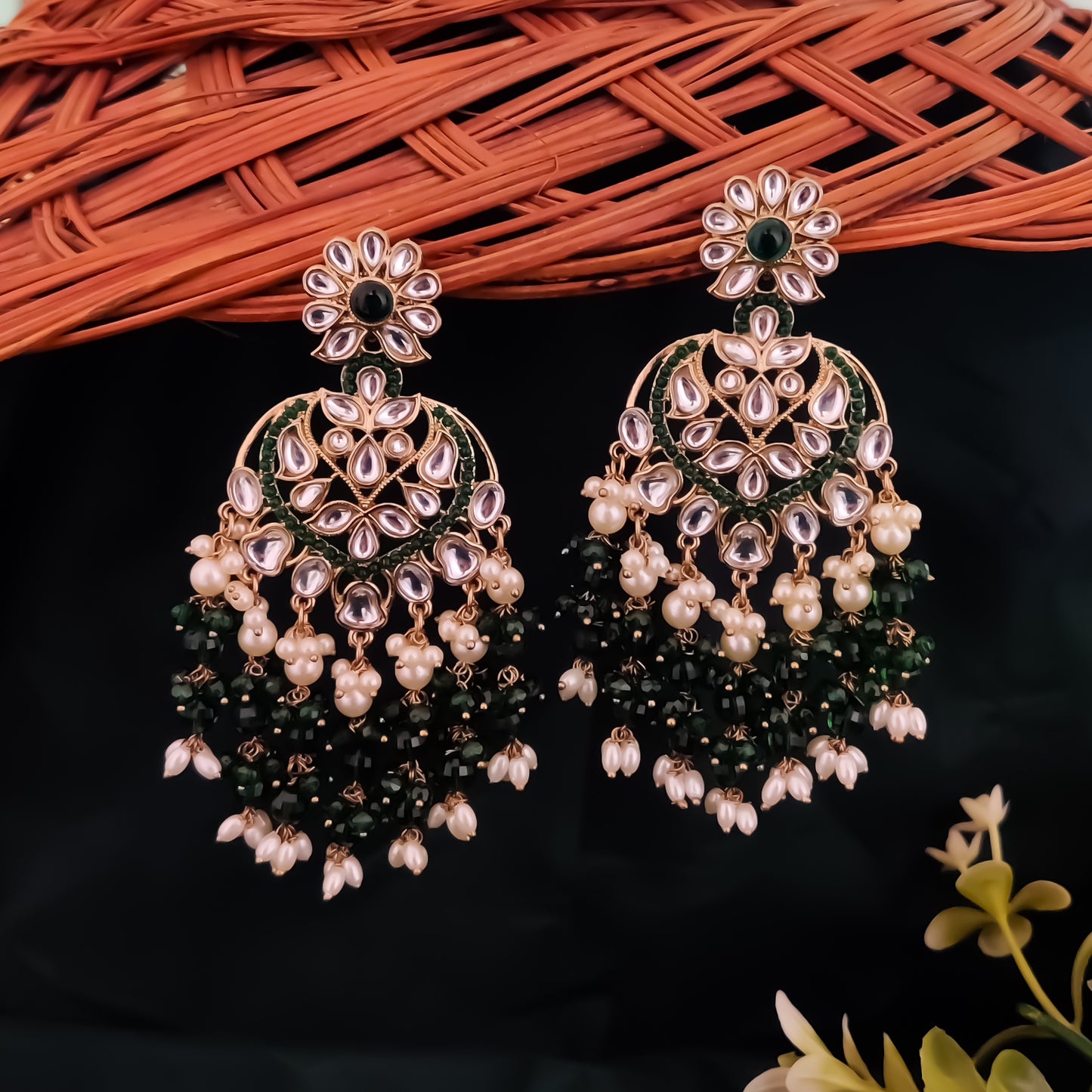 Aayat Kundan Pearl Chandbali Earrings - Green