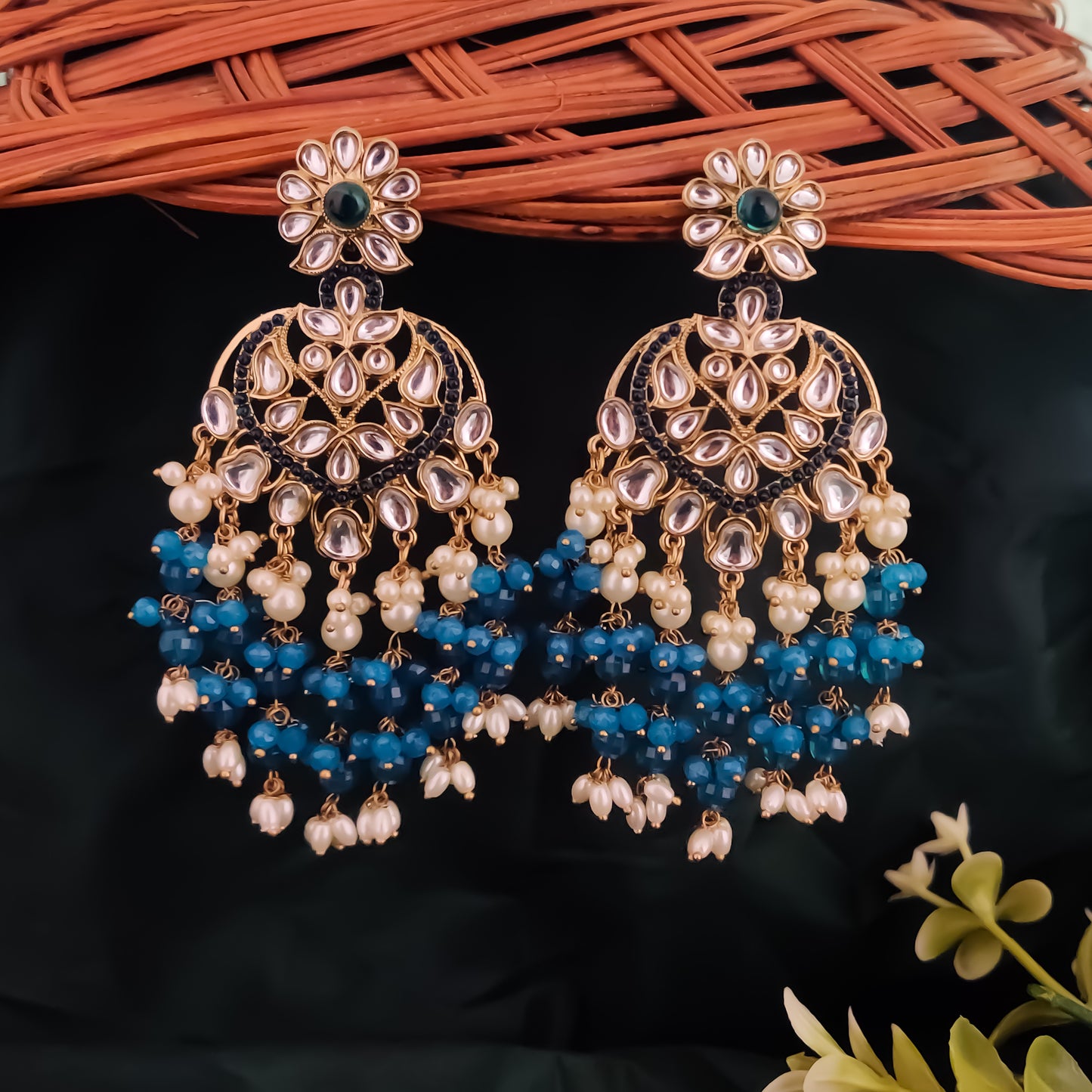 Aayat Kundan Pearl Chandbali Earrings - Firozi